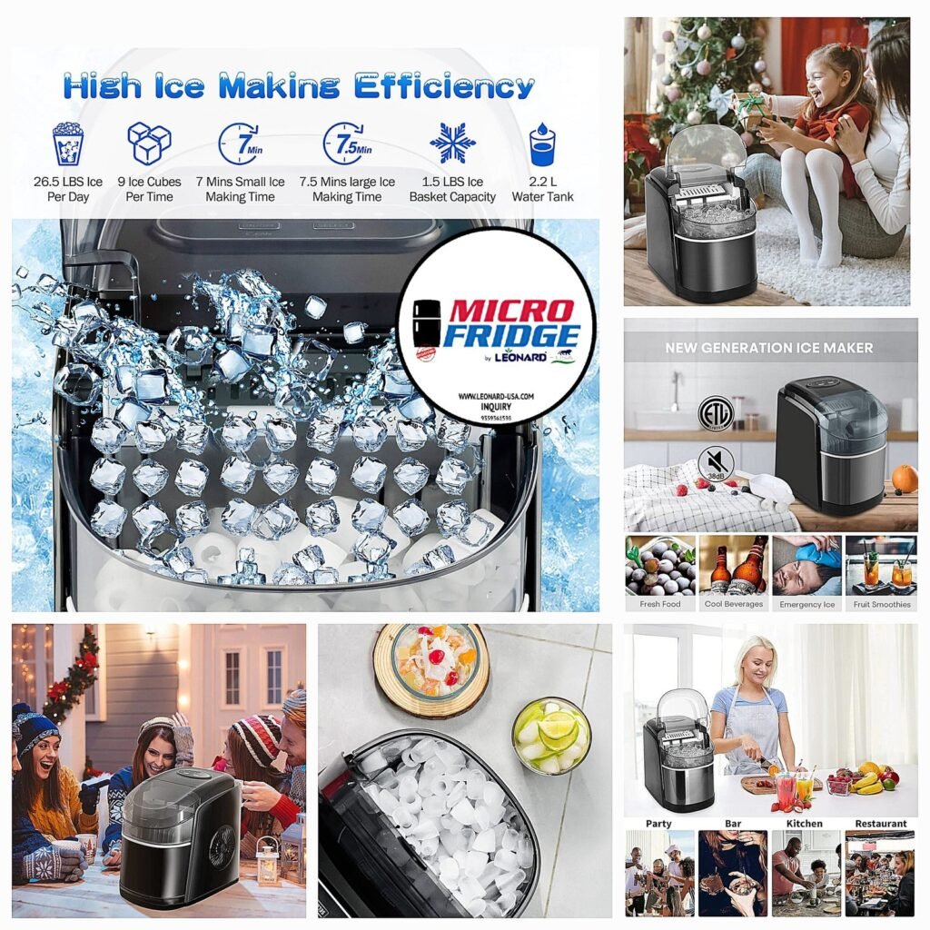 LEONARD USA Ice Cube Maker Machine with Self-Cleaning Function, Automatic with Inverter Technology, Makes Instant Bullet Ice Cubes in 6-8 Minutes, 26 lbs/day (Black) (Based on American Technology)