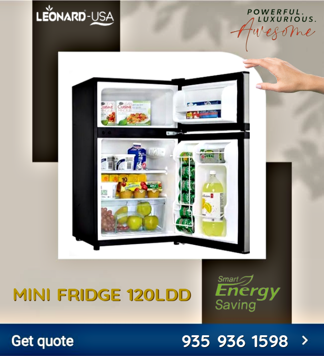 LEONARD USA 120 L Inverter Double Door Mini Fridge for Bar with Toughened Adjustable Glass Shelves, Mechanical Control, Interior Light (Based on American Technology) (Silver & Black)